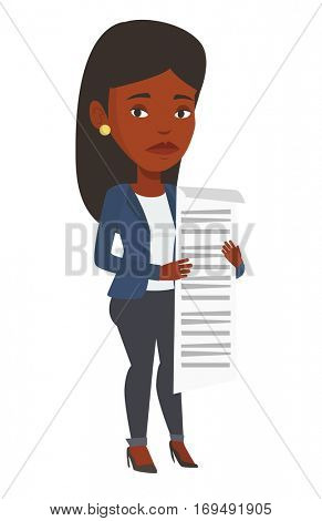 African businesswoman standing with a long bill in hands. Disappointed businesswoman holding long bill. Businesswoman looking at long bill. Vector flat design illustration isolated on white background