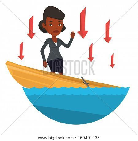 Business woman standing in sinking boat and asking for help. Business woman sinking and arrows behind her symbolizing business bankruptcy. Vector flat design illustration isolated on white background.