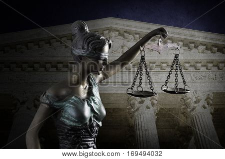 Lady Justice against the Supreme Court of U.S. background