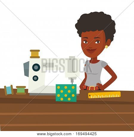 African seamstress working in cloth factory. Seamstress sewing on industrial sewing machine. Seamstress using sewing machine at workshop. Vector flat design illustration isolated on white background.