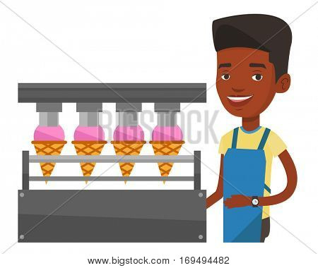 African worker of ice cream manufacture. Worker of factory producing ice-cream. Man working on automatic production line of ice cream. Vector flat design illustration isolated on white background.