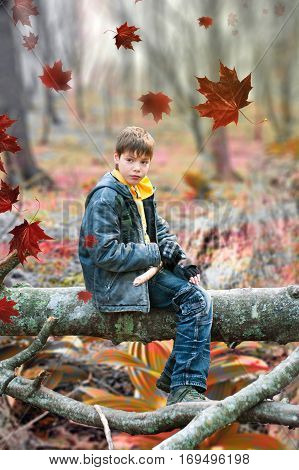 The boy sitting on a log in feral wood