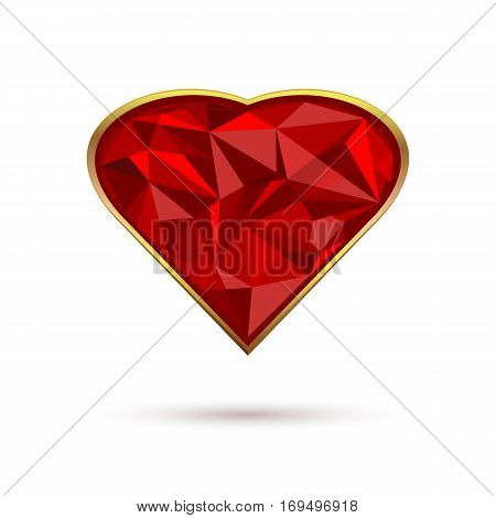 Diamond heart in a gold frame. Precious stone. Red ruby set in gold. Template for Valentines Day design. Vector illustration