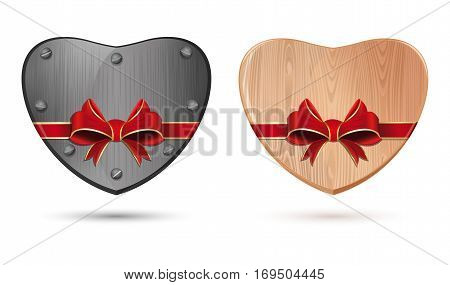 Metal, iron heart and wooden heart. Heart tied with ribbon for Valentine's Day. Set icons of hearts isolated on white background. Vector illustration