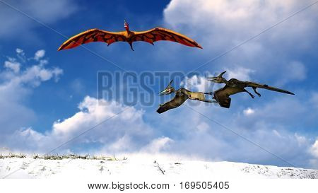 Flying pterodactyl against the beautiful cloudscape 3d illustration