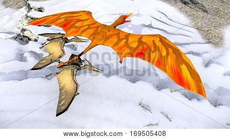 Flying pterodactyl against the beautiful cloudscape 3d illustration