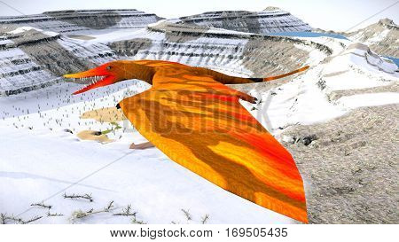 Flying pterodactyl against the beautiful cloudscape 3d illustration