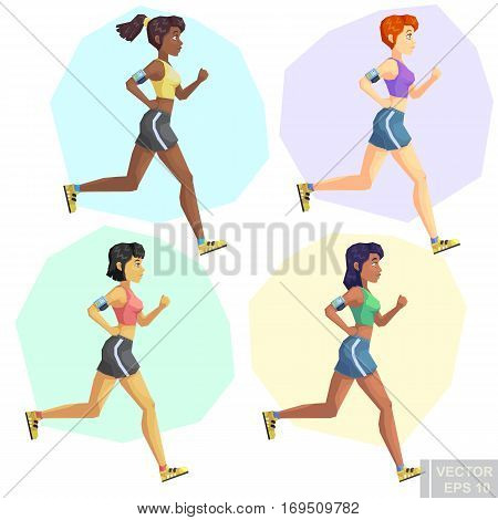Set Of Multinational Beautiful Young Girls Jogging Irunning, Woman With Different Skin Color Tone Ca