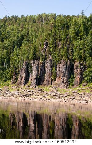 Fantastical cliffs on the river. Around only rocks. Krasnoyarsk territory