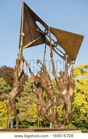 Lausanne, Switzerland - September 6: modern sculpture in front of the Olympic museum, on the shore of Lake Leman in Lausanne, Switzerland on September 6, 2016