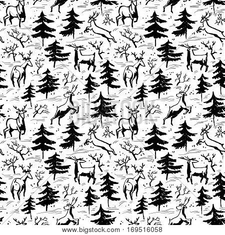 Hand drawn winter seamless pattern with deer and pine trees in doodle incomplete style. Artistic black and white illustration. Design element for christmas wrapping paper cards and posters