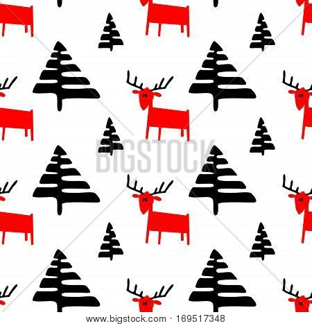 Christmas seamless pattern with deers and pine trees. Vector illustration with cute animals and minimalistic plants in doodle children's style. Winter design element for seasonal backgrounds and textile