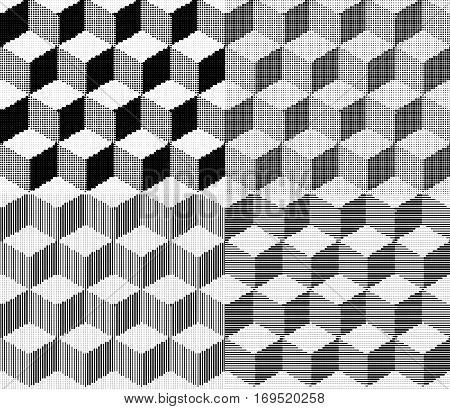Vector illustration with four halftone patterns. Isometric Cubes Engraving Seamless Texture. Black Strokes Background. Vector Illustration.