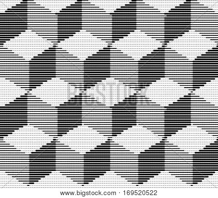 Vector illustration with four halftone patterns. Isometric Cubes Engraving Seamless Texture. Black Strokes Background. Vector Illustration.