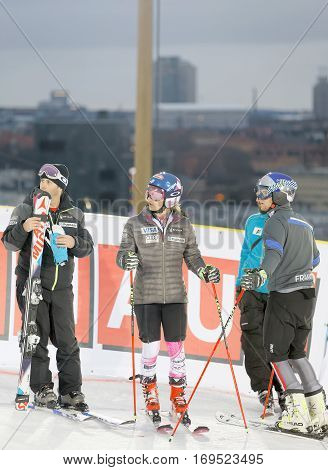 STOCKHOLM SWEDEN - JAN 31 2017: Mikaela Shiffrin inspecting the ski slope used for parallel slalom at the Alpine Audi FIS Ski World Cup. January 31 2017 Stockholm Sweden
