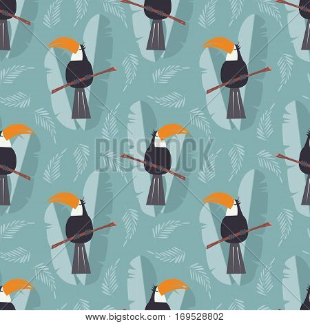 Seamless pattern with cute jungle parrot toucan on blue background vector illustration