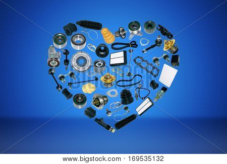Heart spare auto parts for car on blue background. Set with many isolated items for shop or aftermarket, OEM