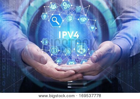 Business, Technology, Internet And Network Concept. Young Businessman Shows The Word On The Virtual