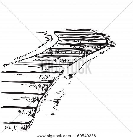 Landscape with staircase, landmark, old road, hand-drawing sketch art, black and white pattern, vector illustration
