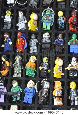 SEREMBAN, MALAYSIA -OCTOBER 09, 2016: Key chain with character of famous comic and action figures heroes. It is made from plastic. Is a collection of action figures collectors lovers.