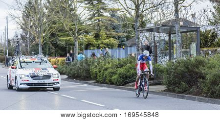 Conflans-Sainte-HonorineFrance-March 62016: The French cyclist Jerome Coppel of IAM Cycling Team riding during the prologue stage of Paris-Nice 2016.