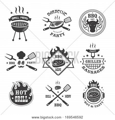 Barbecue and grill labels set. BBQ emblems and badges collection. Grill tongs forks spatulas roasted meat or sausage menu design elements. illustration.