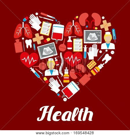 Heart poster or vector medicines and medical items of healthcare drugs, syringe, therapy and dentistry instruments, lungs and kidney human organs, spine bone and tooth, ultrasound display, blood dropper, nasal spray, nurse and thermometer