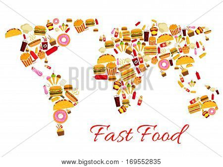 World map of fast food snacks. Vector continents of cheeseburger burger and pizza, french fries and hot dog sandwich hamburger, gyros burrito or doner kebab or tacos, chicken nuggets, ice cream and donut, soda or coffee