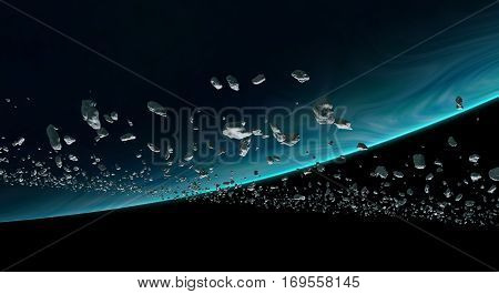 asteroids orbiting a blue planet 3d illustration