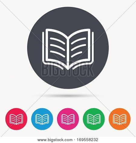 Book icon. Study literature sign. Education textbook symbol. Colored circle buttons with flat web icon. Vector
