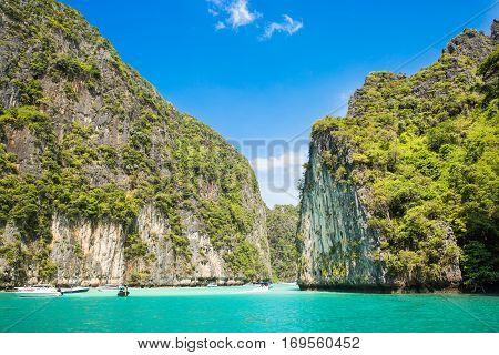 Tropical island Phi-Phi Krabi Province Thailand. Archipelago in  beautiful in the world attracts millions of tourists