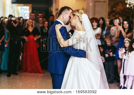 Groom Holds A Beloved Bride Tender Dancing With Her At The First Time