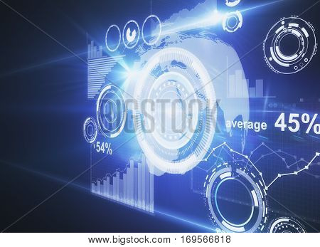 Futuristic figital screen with charts and grpahs. Business technologies concept. Side view