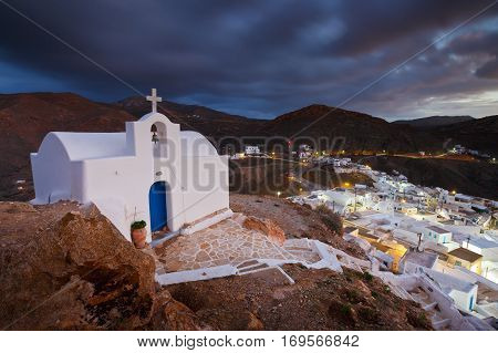 Small traditional church over Chora village on Anafi island.