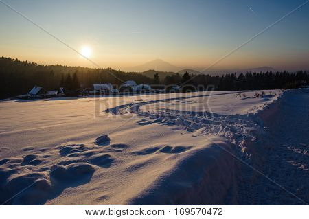 Winter panorama in the Czech Switzerland with snow and frost