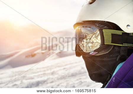 Portret of Snowboarder man at Arhiz, Caucasian mountain.