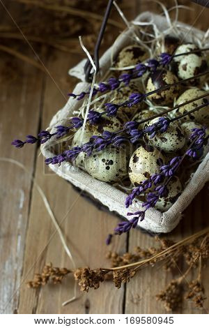 Quail eggs in a lined wire basket, on straw, with beige dry flowers and lavender twigs on barn wood background, Easter, rustic vintage style, kinfolk, simplicity, top view