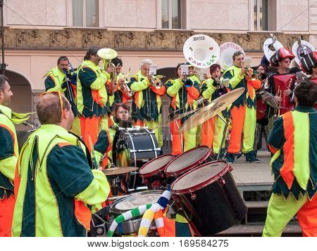 Guggenmusic Fracassband Sounds In The Town Hall Square And The Streets In Celebration.
