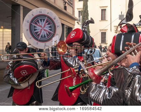 Guggenmusic Fracassband Sounds In The Town Hall Square And The Streets In Celebration.