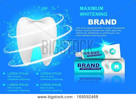 Advertising whitening toothpaste sparkling white teeth and bubbles isolated on blue background