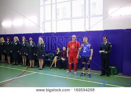 MOSCOW, RUSSIA - FEB 17, 2016: Judges and officials before volleyball game in Central Customs Administration