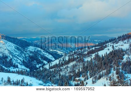 Evening Winter Carpathian Mountains Landscape.