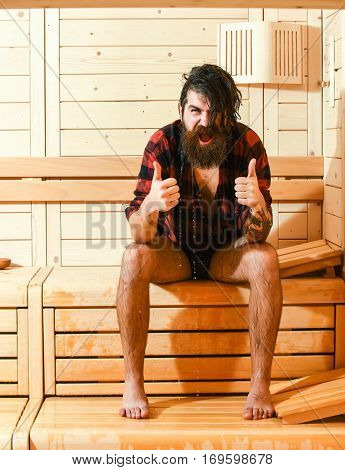 Excited Man Wet In Sauna