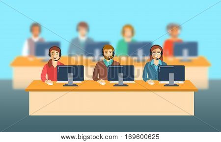 Call center agents team at office. Flat vector banner. Customer care operators guys and girls with smiling faces sitting at desks with computers. Online support service assistants with headphones.
