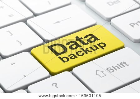Information concept: computer keyboard with word Data Backup, selected focus on enter button background, 3D rendering