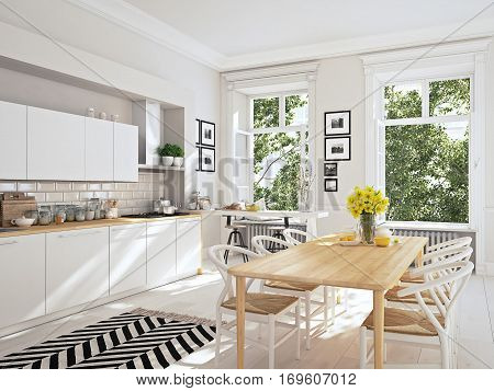 3D rendering of modern kitchen in a loft.