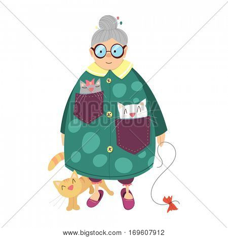 old kind lady with cats - cartoon illustration