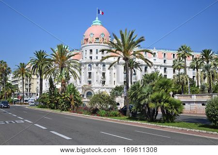 NICE, FRANCE - JUL 26, 2016: Famous luxury hotel Negresco in neoclassical style on promenade des Anglais 