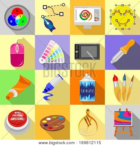 Design and drawing tools set. Flat illustration of 16 design and drawing tools vector icons for web