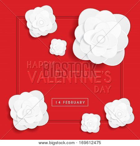 Happy Valentine's Day greeting card template with emboss text & white rose on red background. 14 february vector illustration.